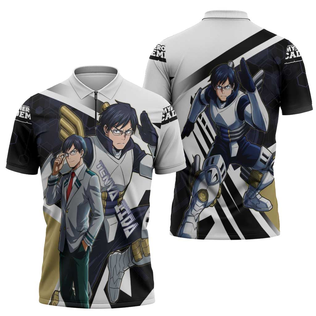 Tenya Iida Zipper Polo Shirt Dynamic Anime Action Illustration with Futuristic Hero Armor