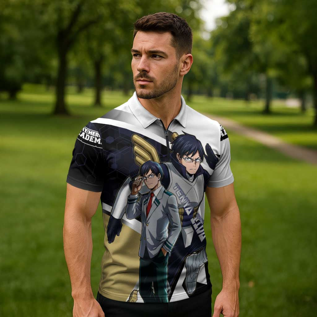 Tenya Iida Zipper Polo Shirt Dynamic Anime Action Illustration with Futuristic Hero Armor