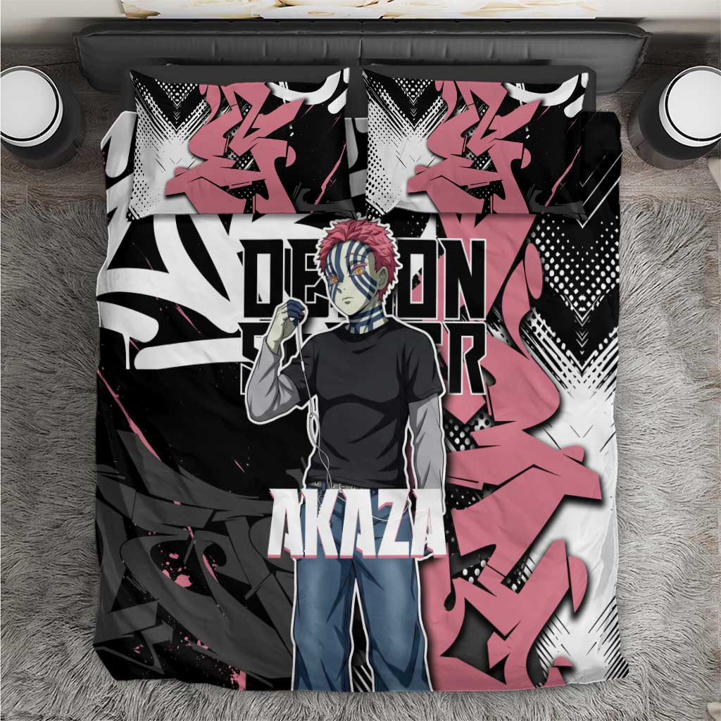 Akaza Demon Slayer Bedding Set Pink & Black Graffiti Anime Graphic