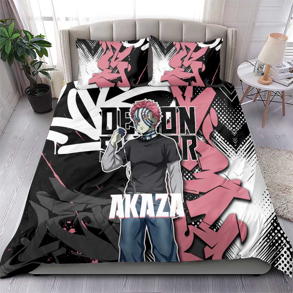 Akaza Demon Slayer Bedding Set Pink & Black Graffiti Anime Graphic