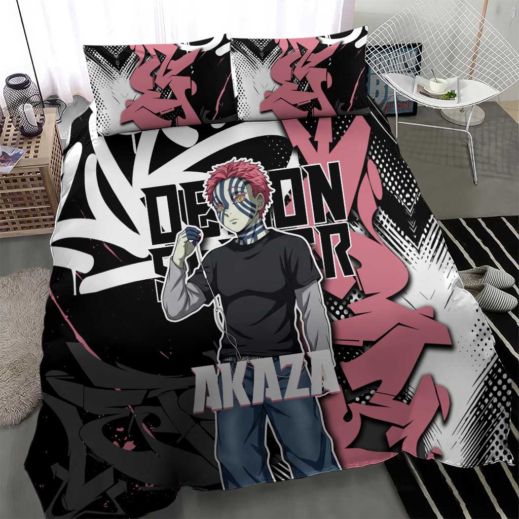 Akaza Demon Slayer Bedding Set Pink & Black Graffiti Anime Graphic