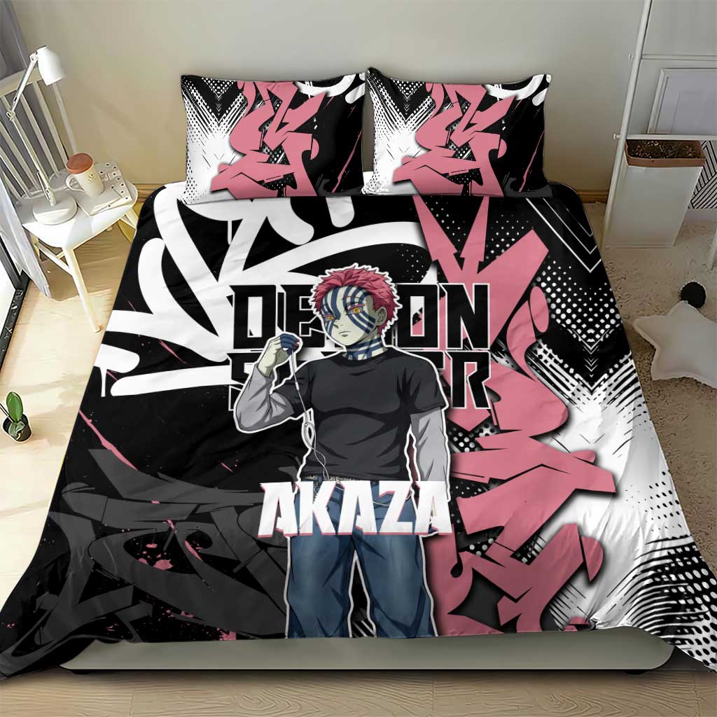 Akaza Demon Slayer Bedding Set Pink & Black Graffiti Anime Graphic