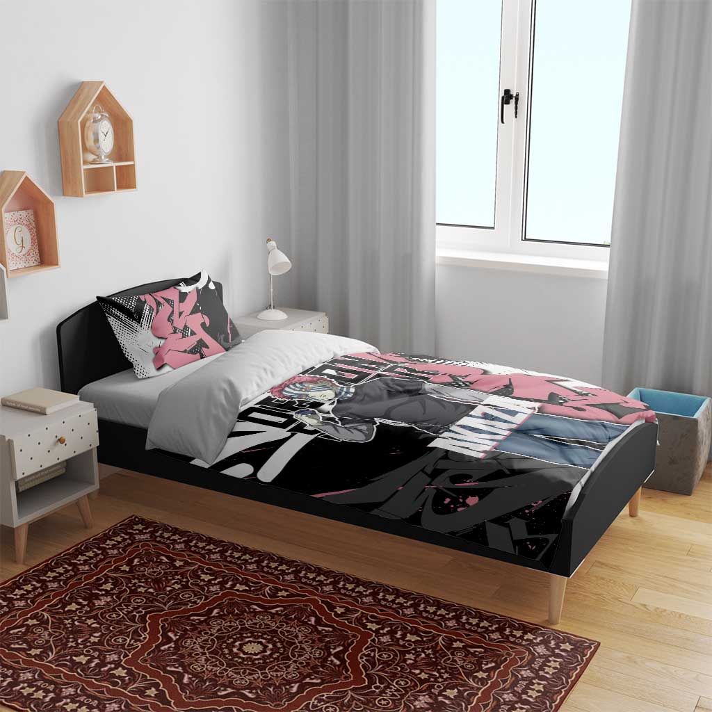 Akaza Demon Slayer Bedding Set Pink & Black Graffiti Anime Graphic