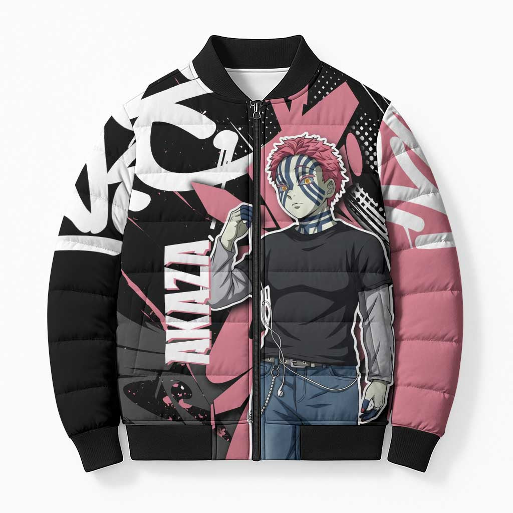 Akaza Demon Slayer Bomber Puffer Jacket Pink & Black Graffiti Anime Graphic