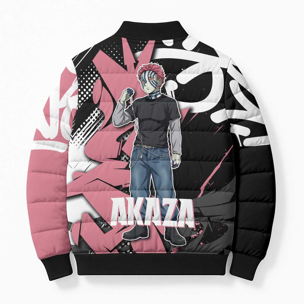 Akaza Demon Slayer Bomber Puffer Jacket Pink & Black Graffiti Anime Graphic