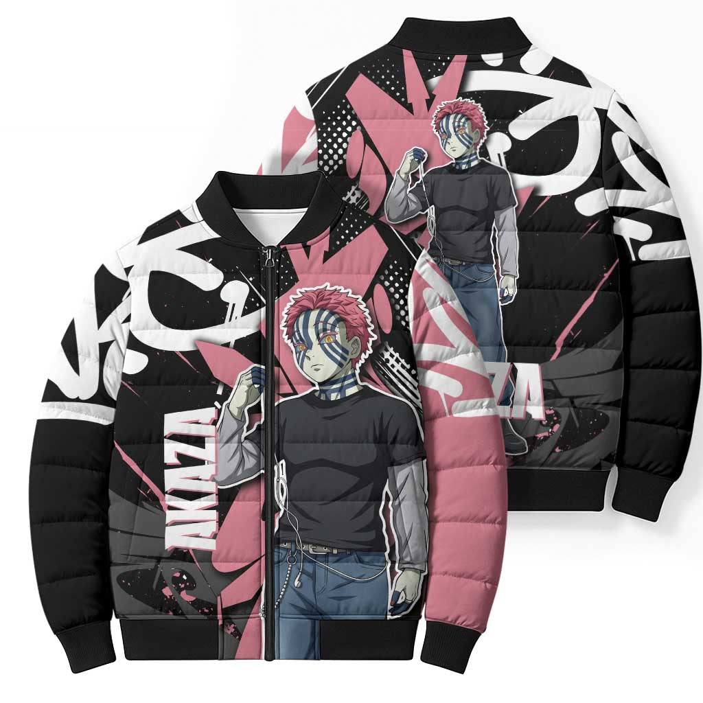 Akaza Demon Slayer Bomber Puffer Jacket Pink & Black Graffiti Anime Graphic