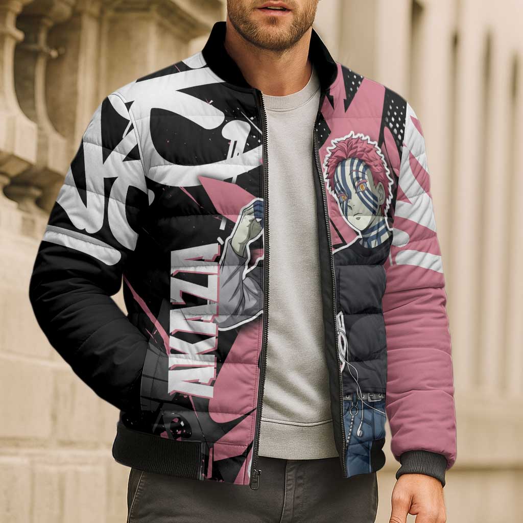 Akaza Demon Slayer Bomber Puffer Jacket Pink & Black Graffiti Anime Graphic