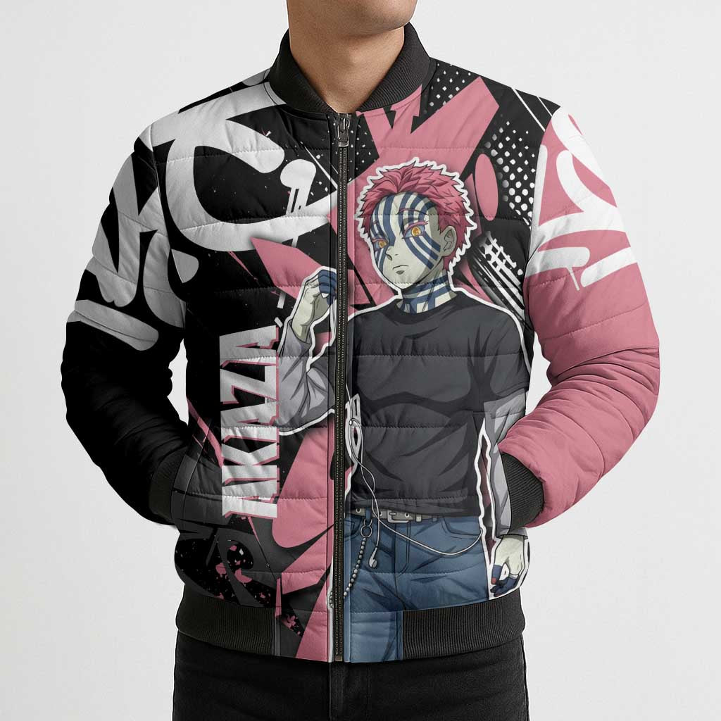 Akaza Demon Slayer Bomber Puffer Jacket Pink & Black Graffiti Anime Graphic