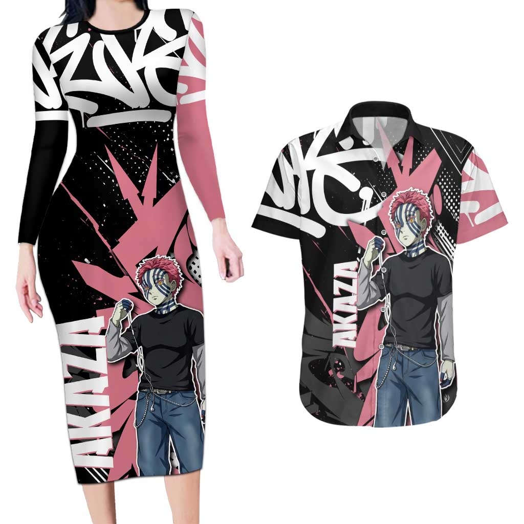 Akaza Demon Slayer Couples Matching Long Sleeve Bodycon Dress and Hawaiian Shirt Pink & Black Graffiti Anime Graphic