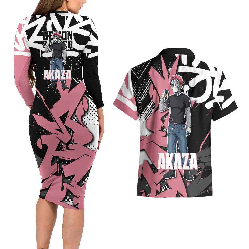 Akaza Demon Slayer Couples Matching Long Sleeve Bodycon Dress and Hawaiian Shirt Pink & Black Graffiti Anime Graphic