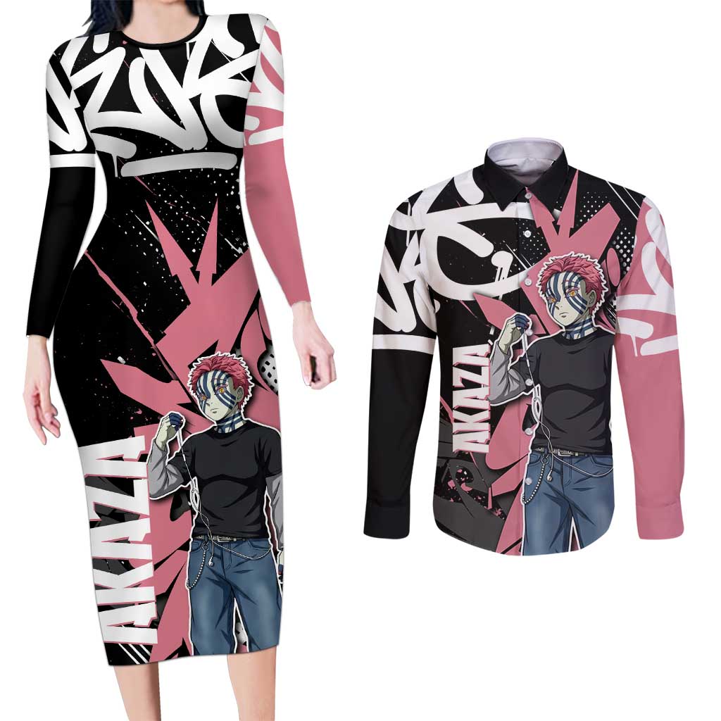 Akaza Demon Slayer Couples Matching Long Sleeve Bodycon Dress and Long Sleeve Button Shirt Pink & Black Graffiti Anime Graphic