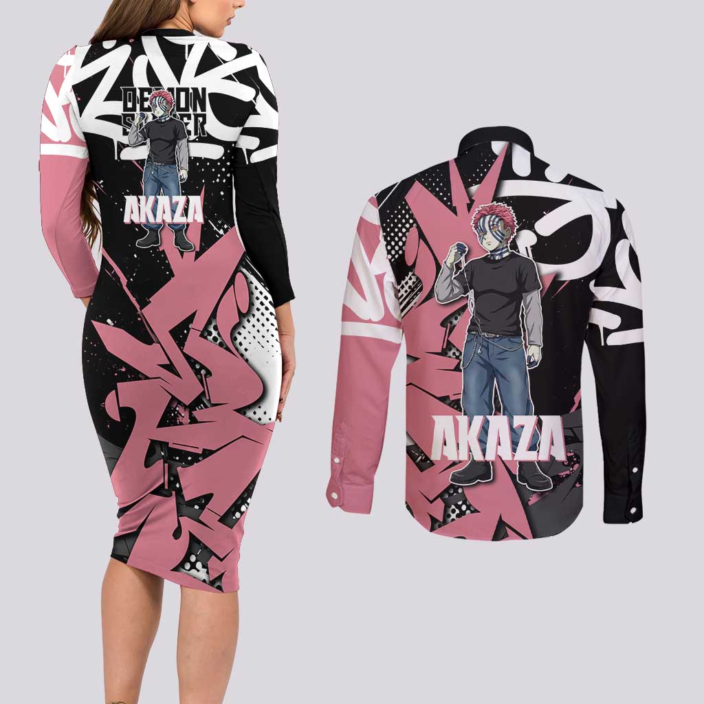 Akaza Demon Slayer Couples Matching Long Sleeve Bodycon Dress and Long Sleeve Button Shirt Pink & Black Graffiti Anime Graphic