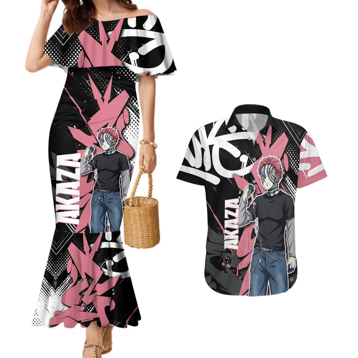 Akaza Demon Slayer Couples Matching Mermaid Dress and Hawaiian Shirt Pink & Black Graffiti Anime Graphic