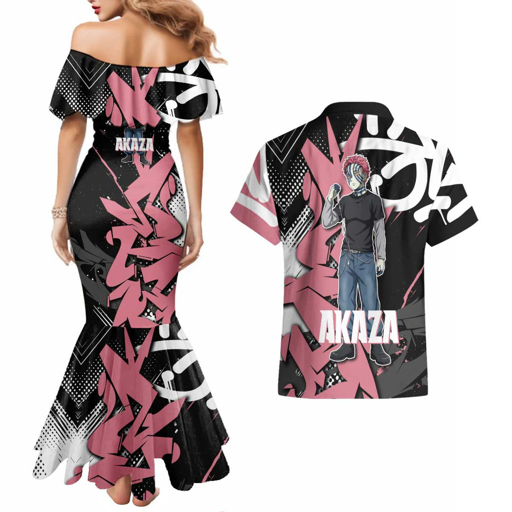 Akaza Demon Slayer Couples Matching Mermaid Dress and Hawaiian Shirt Pink & Black Graffiti Anime Graphic