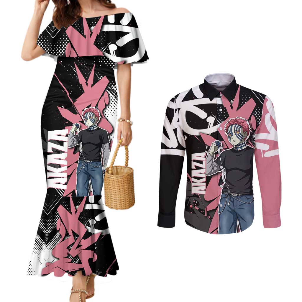 Akaza Demon Slayer Couples Matching Mermaid Dress and Long Sleeve Button Shirt Pink & Black Graffiti Anime Graphic