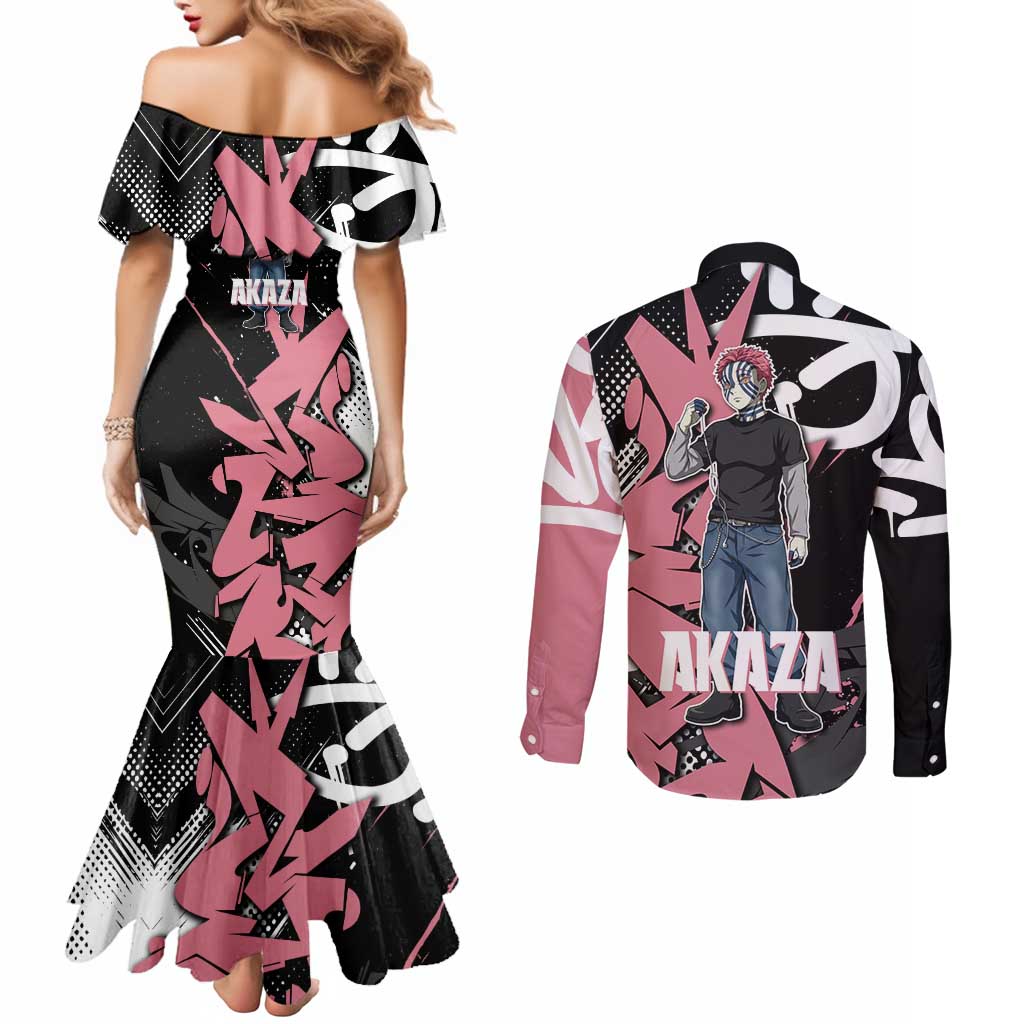 Akaza Demon Slayer Couples Matching Mermaid Dress and Long Sleeve Button Shirt Pink & Black Graffiti Anime Graphic