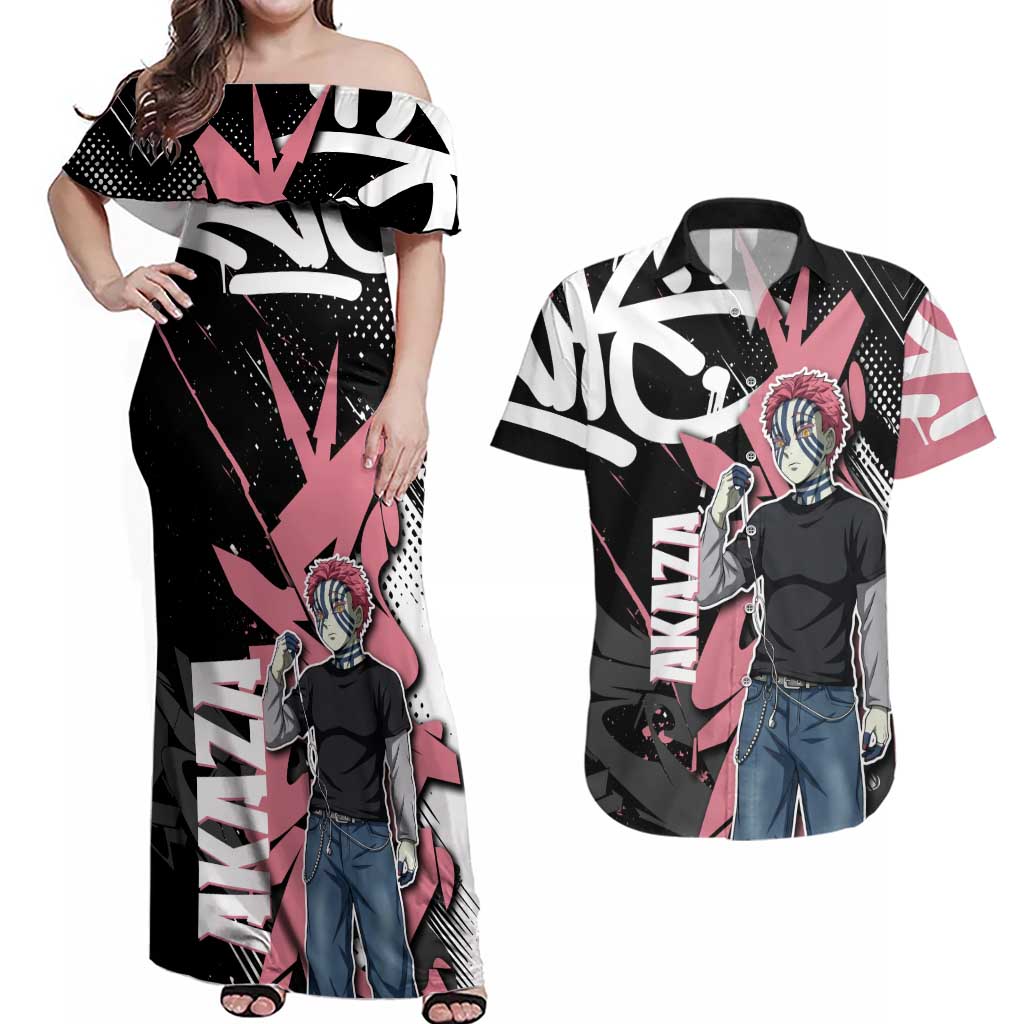 Akaza Demon Slayer Couples Matching Off Shoulder Maxi Dress and Hawaiian Shirt Pink & Black Graffiti Anime Graphic