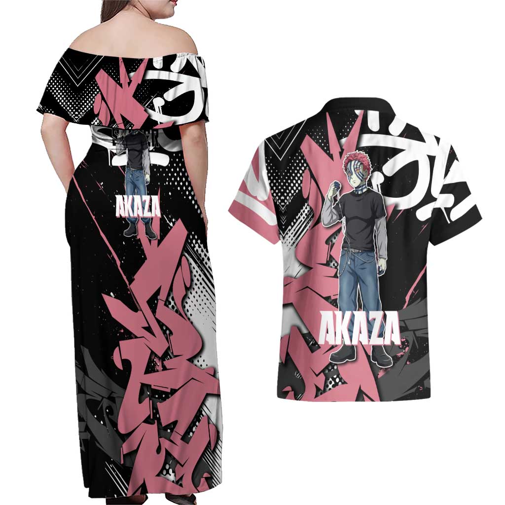 Akaza Demon Slayer Couples Matching Off Shoulder Maxi Dress and Hawaiian Shirt Pink & Black Graffiti Anime Graphic