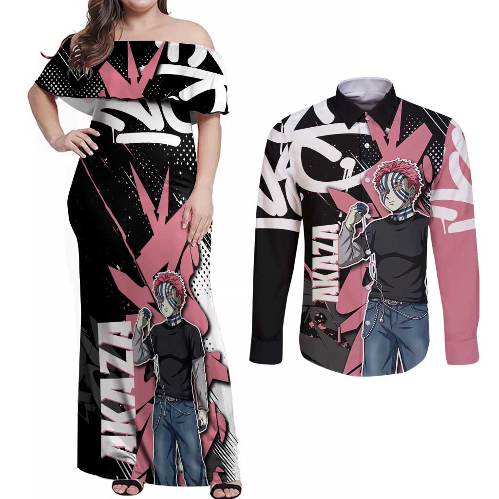 Akaza Demon Slayer Couples Matching Off Shoulder Maxi Dress and Long Sleeve Button Shirt Pink & Black Graffiti Anime Graphic