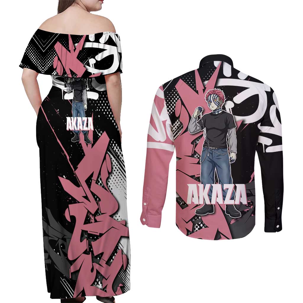 Akaza Demon Slayer Couples Matching Off Shoulder Maxi Dress and Long Sleeve Button Shirt Pink & Black Graffiti Anime Graphic