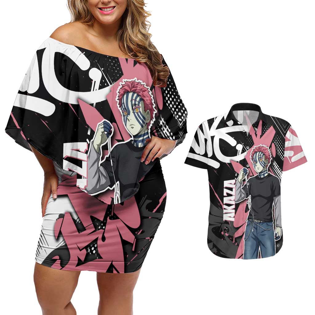 Akaza Demon Slayer Couples Matching Off Shoulder Short Dress and Hawaiian Shirt Pink & Black Graffiti Anime Graphic