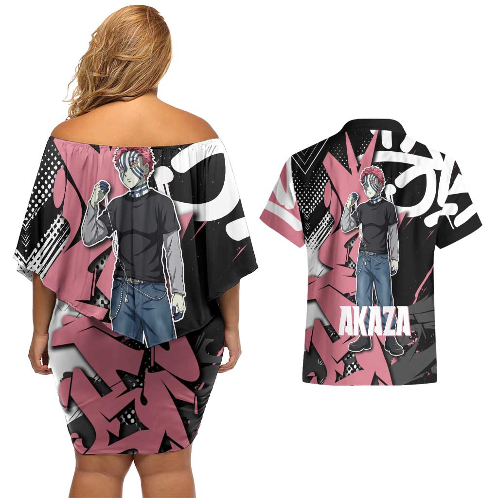 Akaza Demon Slayer Couples Matching Off Shoulder Short Dress and Hawaiian Shirt Pink & Black Graffiti Anime Graphic