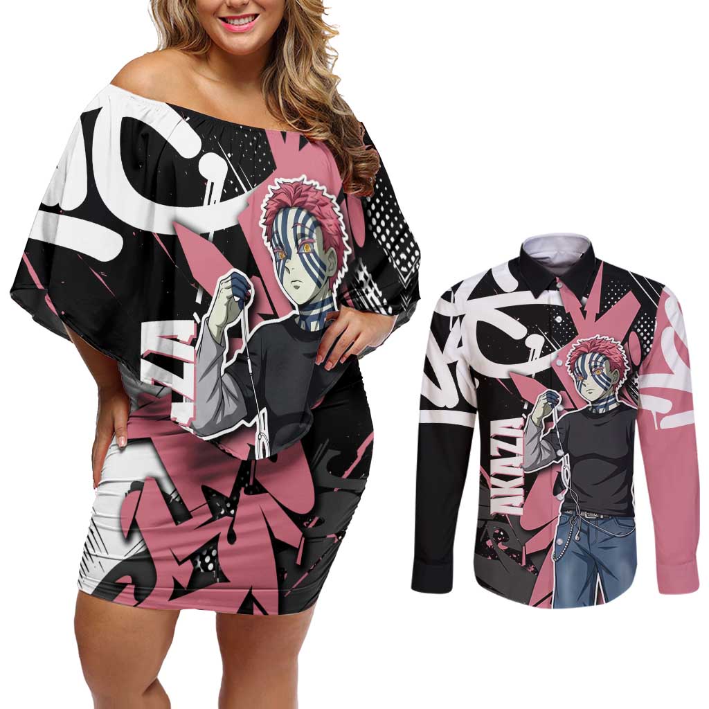 Akaza Demon Slayer Couples Matching Off Shoulder Short Dress and Long Sleeve Button Shirt Pink & Black Graffiti Anime Graphic