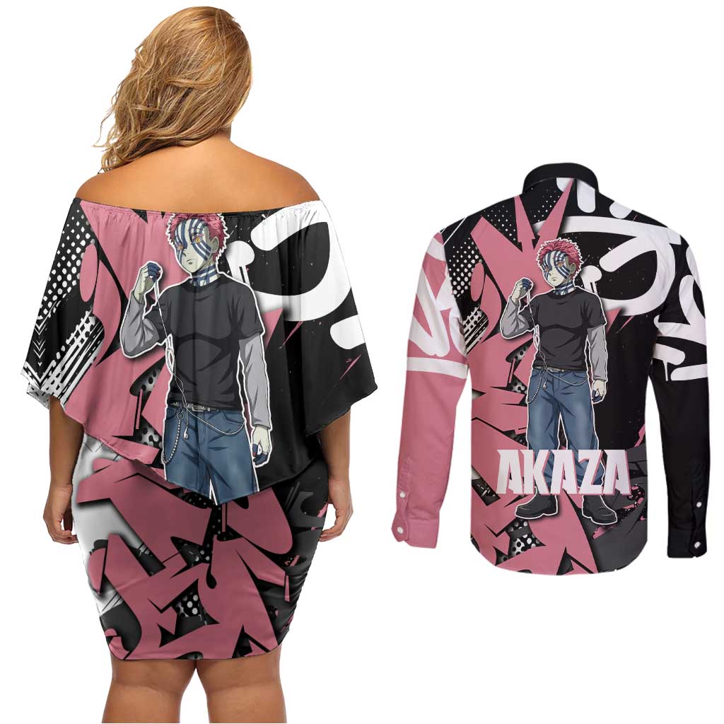 Akaza Demon Slayer Couples Matching Off Shoulder Short Dress and Long Sleeve Button Shirt Pink & Black Graffiti Anime Graphic