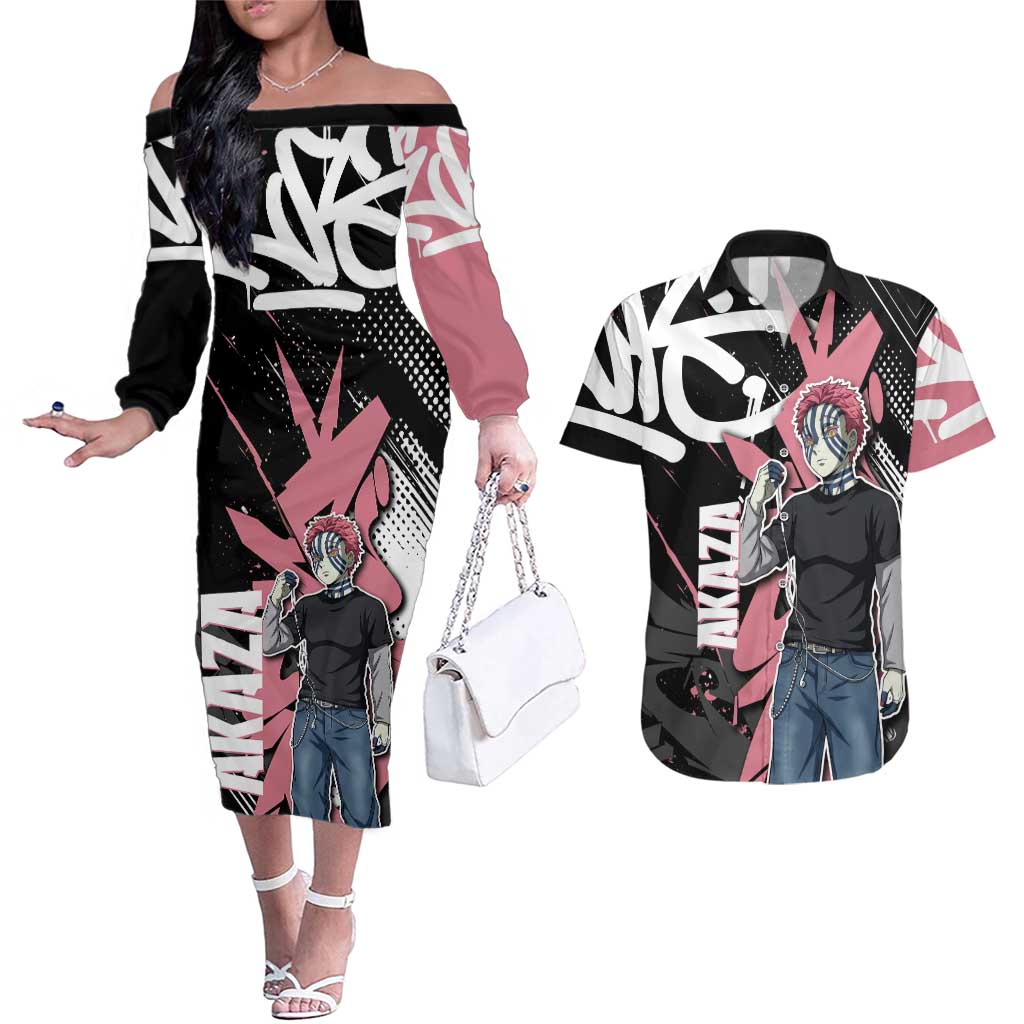 Akaza Demon Slayer Couples Matching Off The Shoulder Long Sleeve Dress and Hawaiian Shirt Pink & Black Graffiti Anime Graphic