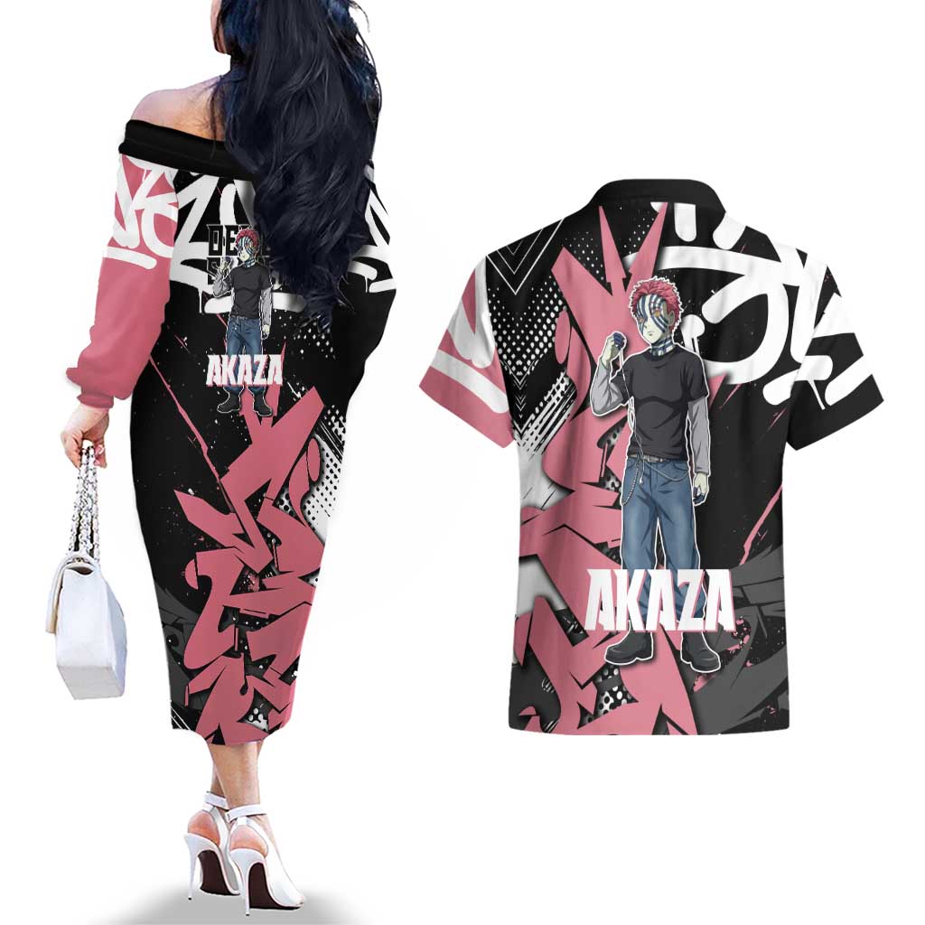 Akaza Demon Slayer Couples Matching Off The Shoulder Long Sleeve Dress and Hawaiian Shirt Pink & Black Graffiti Anime Graphic