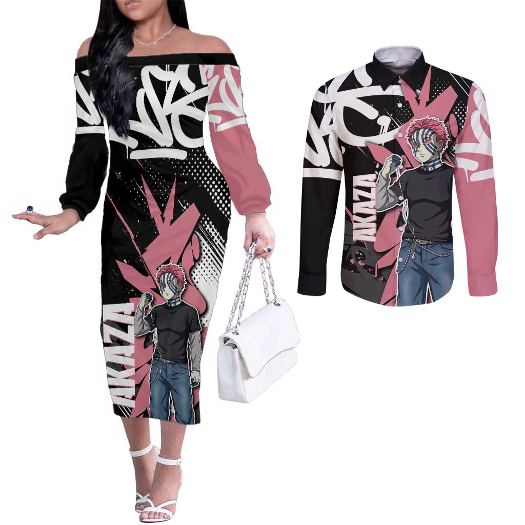 Akaza Demon Slayer Couples Matching Off The Shoulder Long Sleeve Dress and Long Sleeve Button Shirt Pink & Black Graffiti Anime Graphic