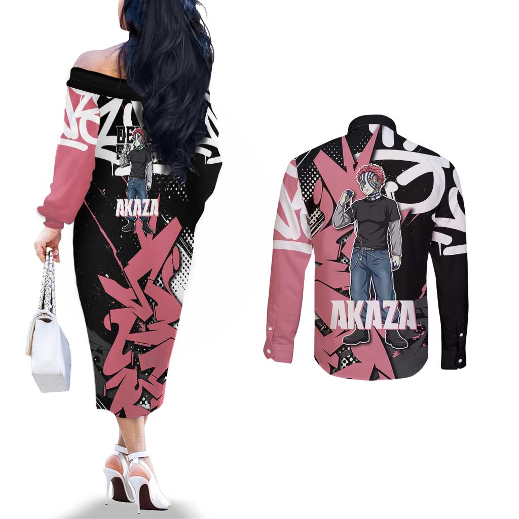 Akaza Demon Slayer Couples Matching Off The Shoulder Long Sleeve Dress and Long Sleeve Button Shirt Pink & Black Graffiti Anime Graphic