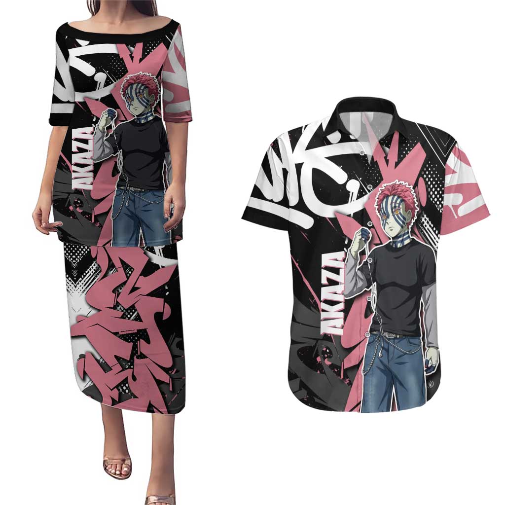 Akaza Demon Slayer Couples Matching Puletasi and Hawaiian Shirt Pink & Black Graffiti Anime Graphic