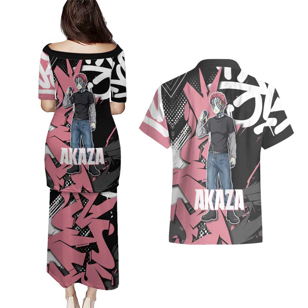 Akaza Demon Slayer Couples Matching Puletasi and Hawaiian Shirt Pink & Black Graffiti Anime Graphic