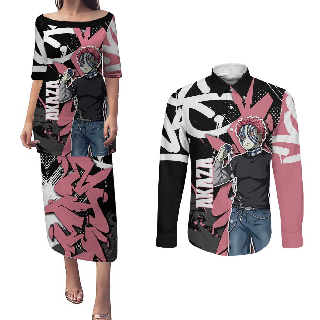 Akaza Demon Slayer Couples Matching Puletasi and Long Sleeve Button Shirt Pink & Black Graffiti Anime Graphic