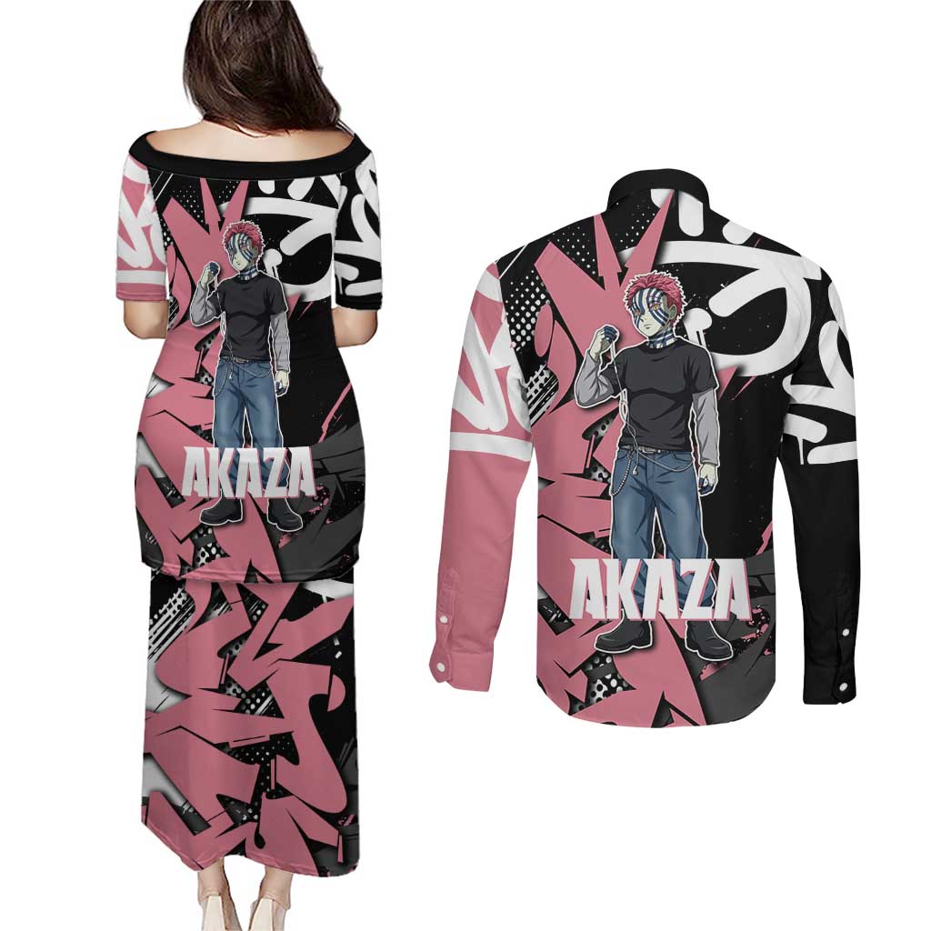 Akaza Demon Slayer Couples Matching Puletasi and Long Sleeve Button Shirt Pink & Black Graffiti Anime Graphic