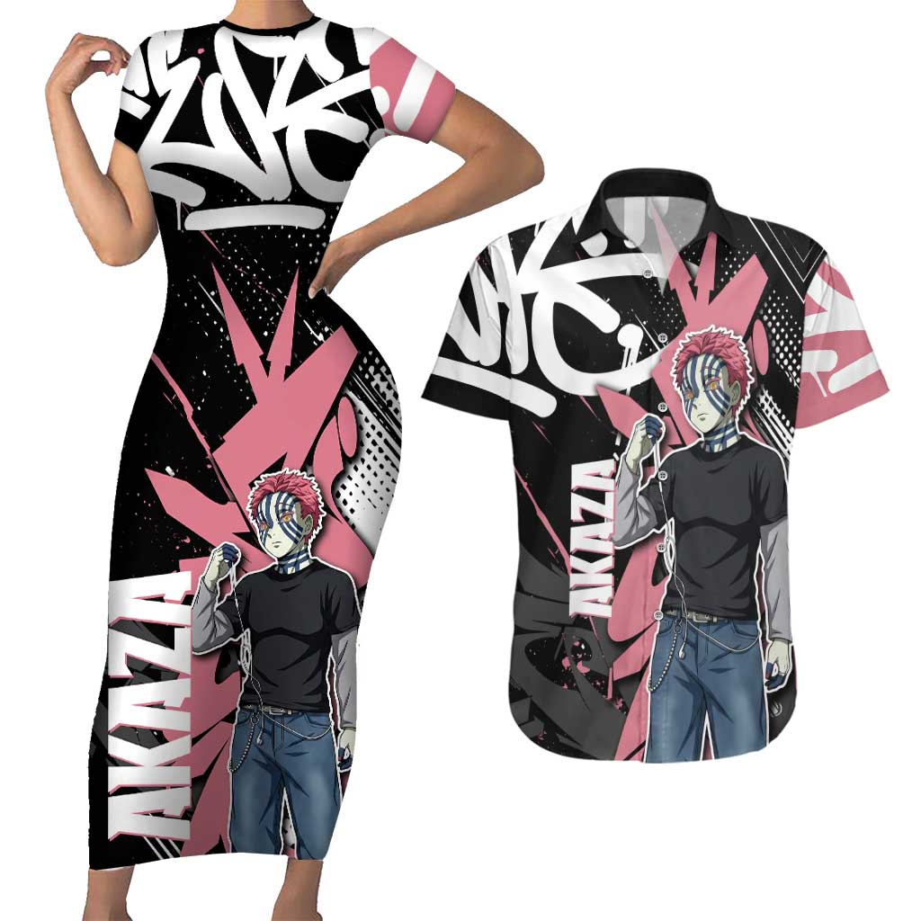Akaza Demon Slayer Couples Matching Short Sleeve Bodycon Dress and Hawaiian Shirt Pink & Black Graffiti Anime Graphic