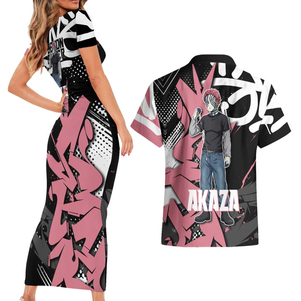 Akaza Demon Slayer Couples Matching Short Sleeve Bodycon Dress and Hawaiian Shirt Pink & Black Graffiti Anime Graphic