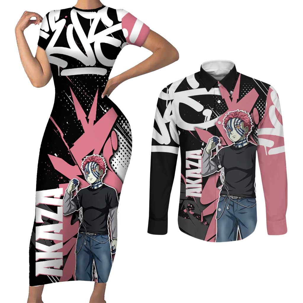 Akaza Demon Slayer Couples Matching Short Sleeve Bodycon Dress and Long Sleeve Button Shirt Pink & Black Graffiti Anime Graphic