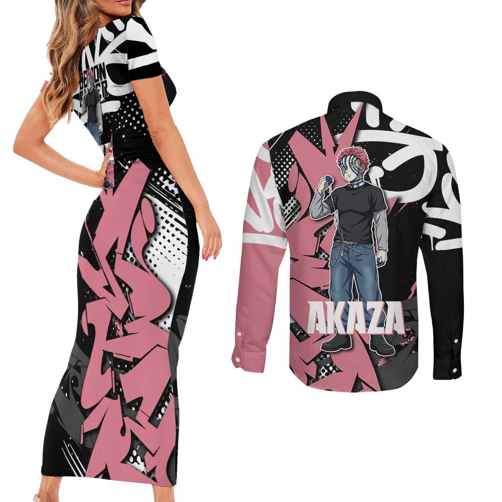 Akaza Demon Slayer Couples Matching Short Sleeve Bodycon Dress and Long Sleeve Button Shirt Pink & Black Graffiti Anime Graphic