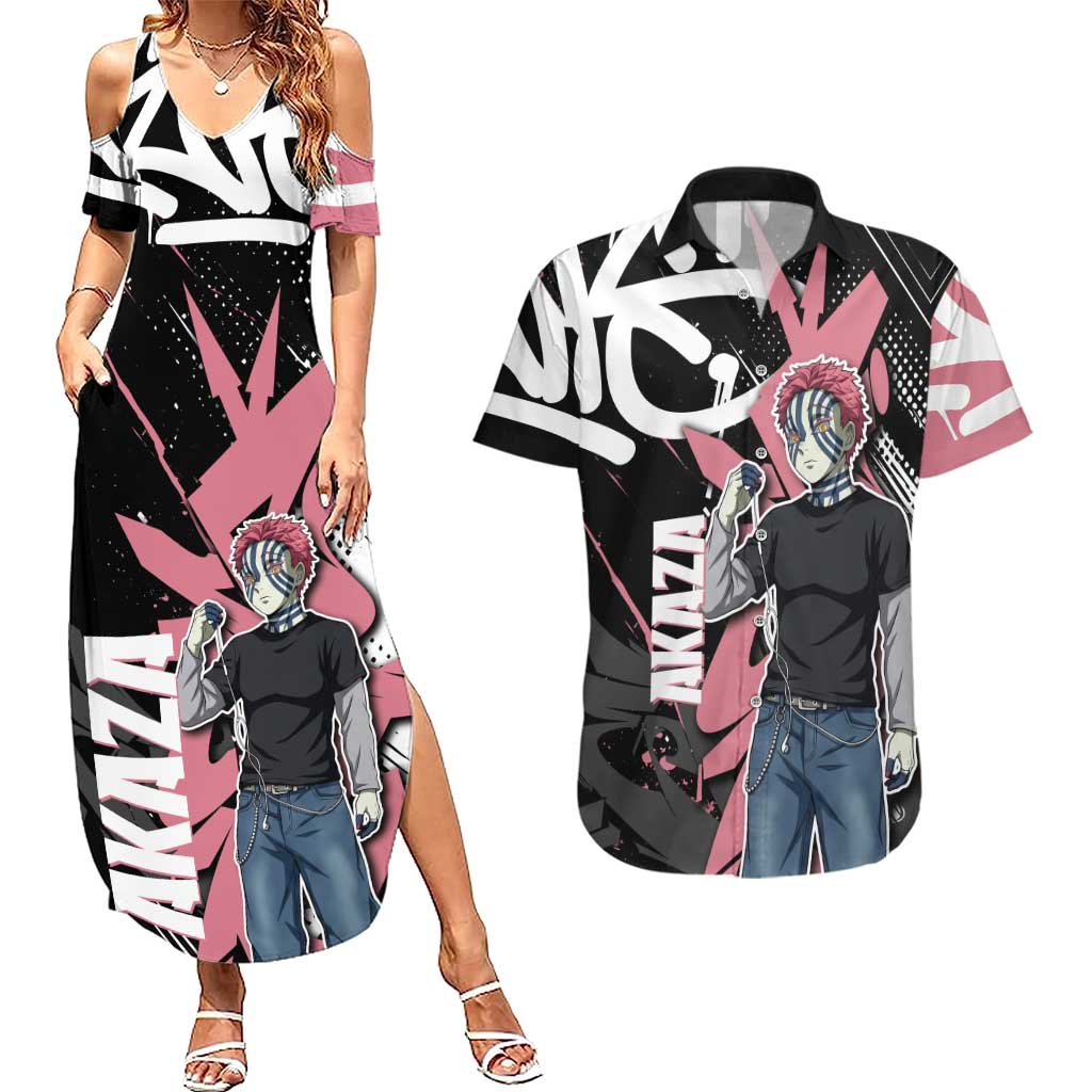 Akaza Demon Slayer Couples Matching Summer Maxi Dress and Hawaiian Shirt Pink & Black Graffiti Anime Graphic