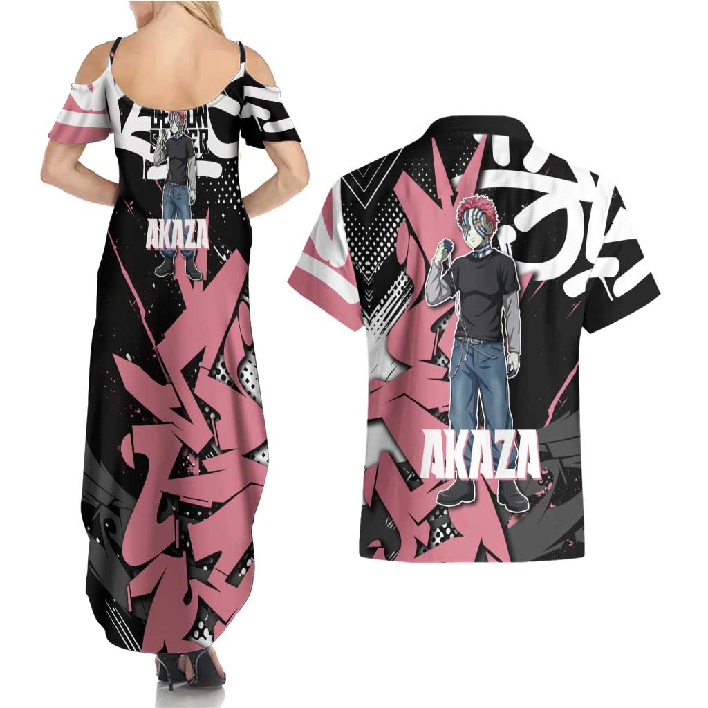 Akaza Demon Slayer Couples Matching Summer Maxi Dress and Hawaiian Shirt Pink & Black Graffiti Anime Graphic