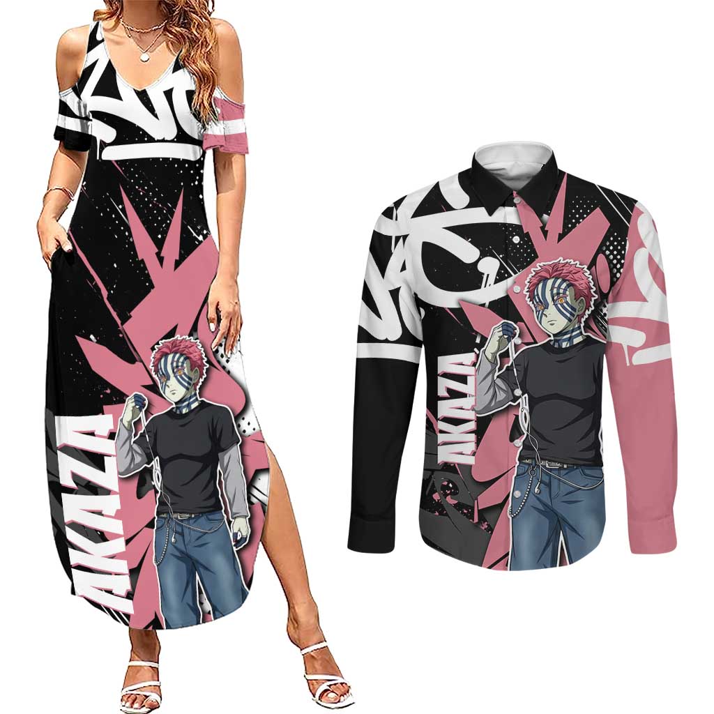 Akaza Demon Slayer Couples Matching Summer Maxi Dress and Long Sleeve Button Shirt Pink & Black Graffiti Anime Graphic
