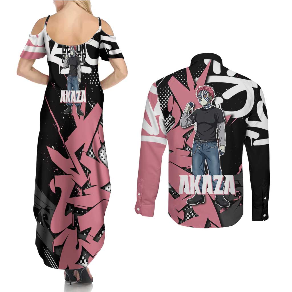 Akaza Demon Slayer Couples Matching Summer Maxi Dress and Long Sleeve Button Shirt Pink & Black Graffiti Anime Graphic