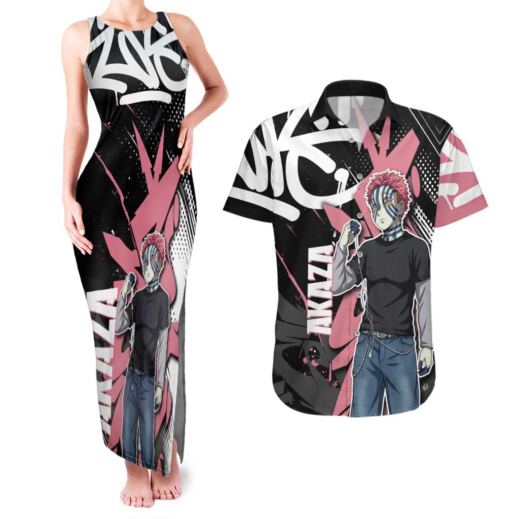 Akaza Demon Slayer Couples Matching Tank Maxi Dress and Hawaiian Shirt Pink & Black Graffiti Anime Graphic