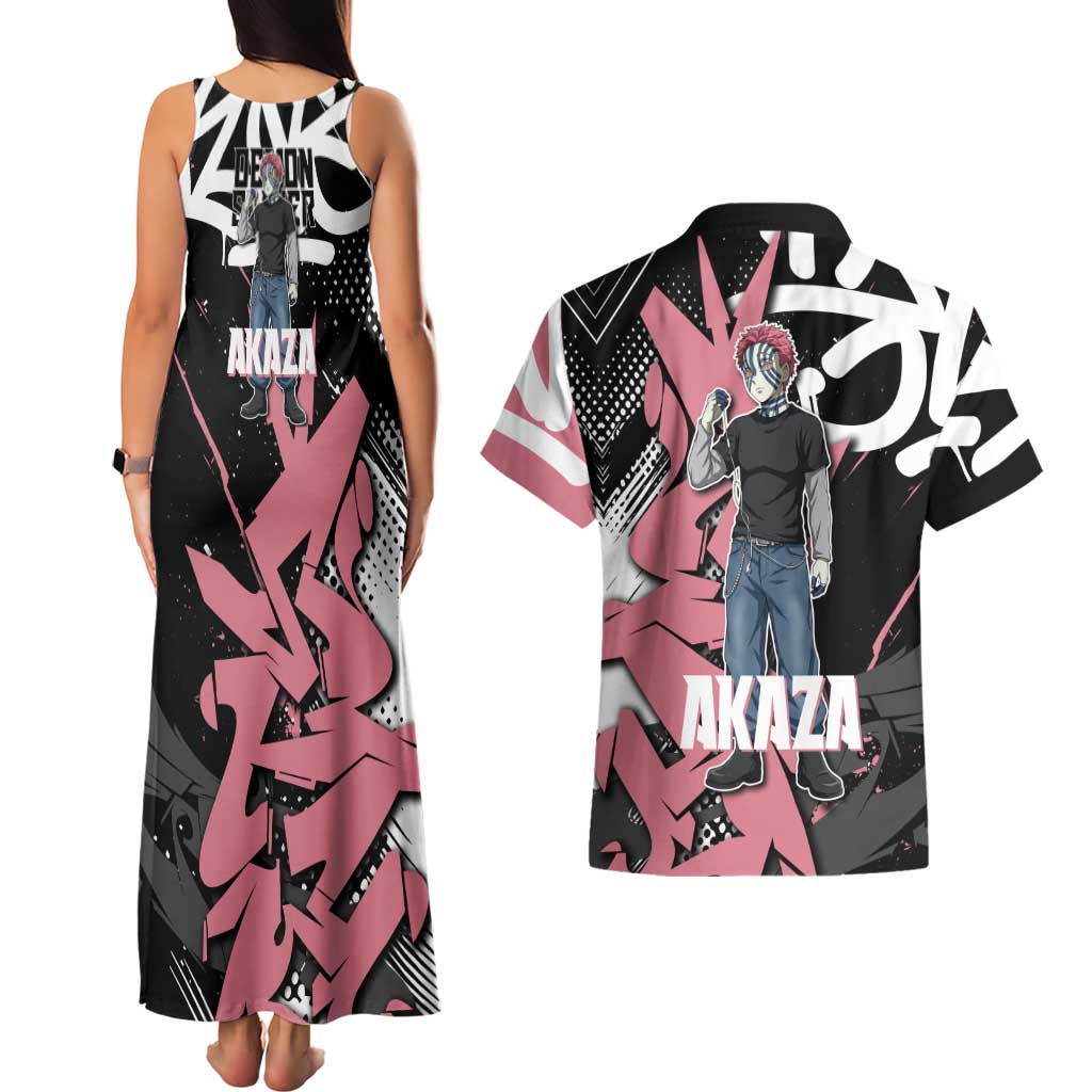Akaza Demon Slayer Couples Matching Tank Maxi Dress and Hawaiian Shirt Pink & Black Graffiti Anime Graphic