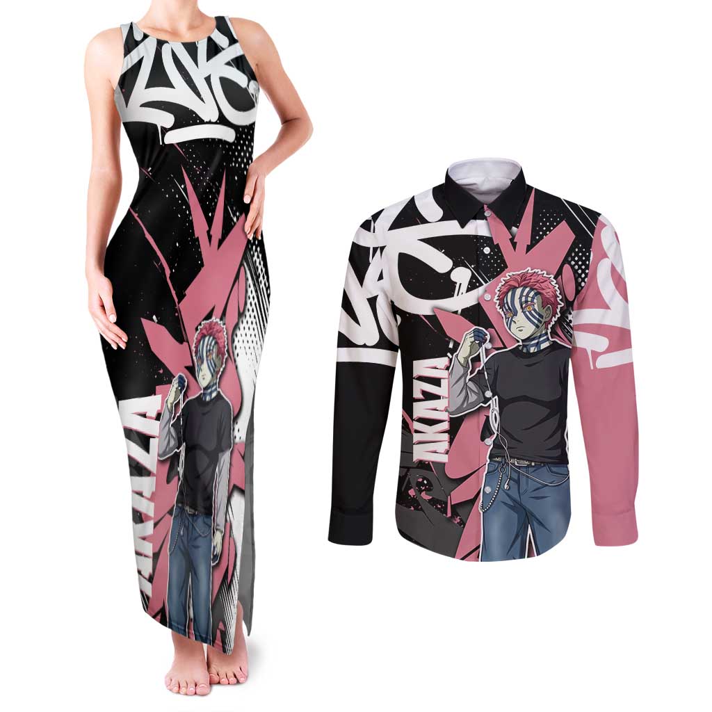 Akaza Demon Slayer Couples Matching Tank Maxi Dress and Long Sleeve Button Shirt Pink & Black Graffiti Anime Graphic