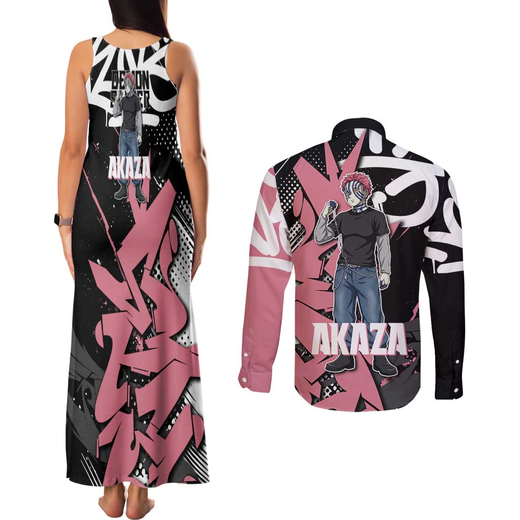 Akaza Demon Slayer Couples Matching Tank Maxi Dress and Long Sleeve Button Shirt Pink & Black Graffiti Anime Graphic