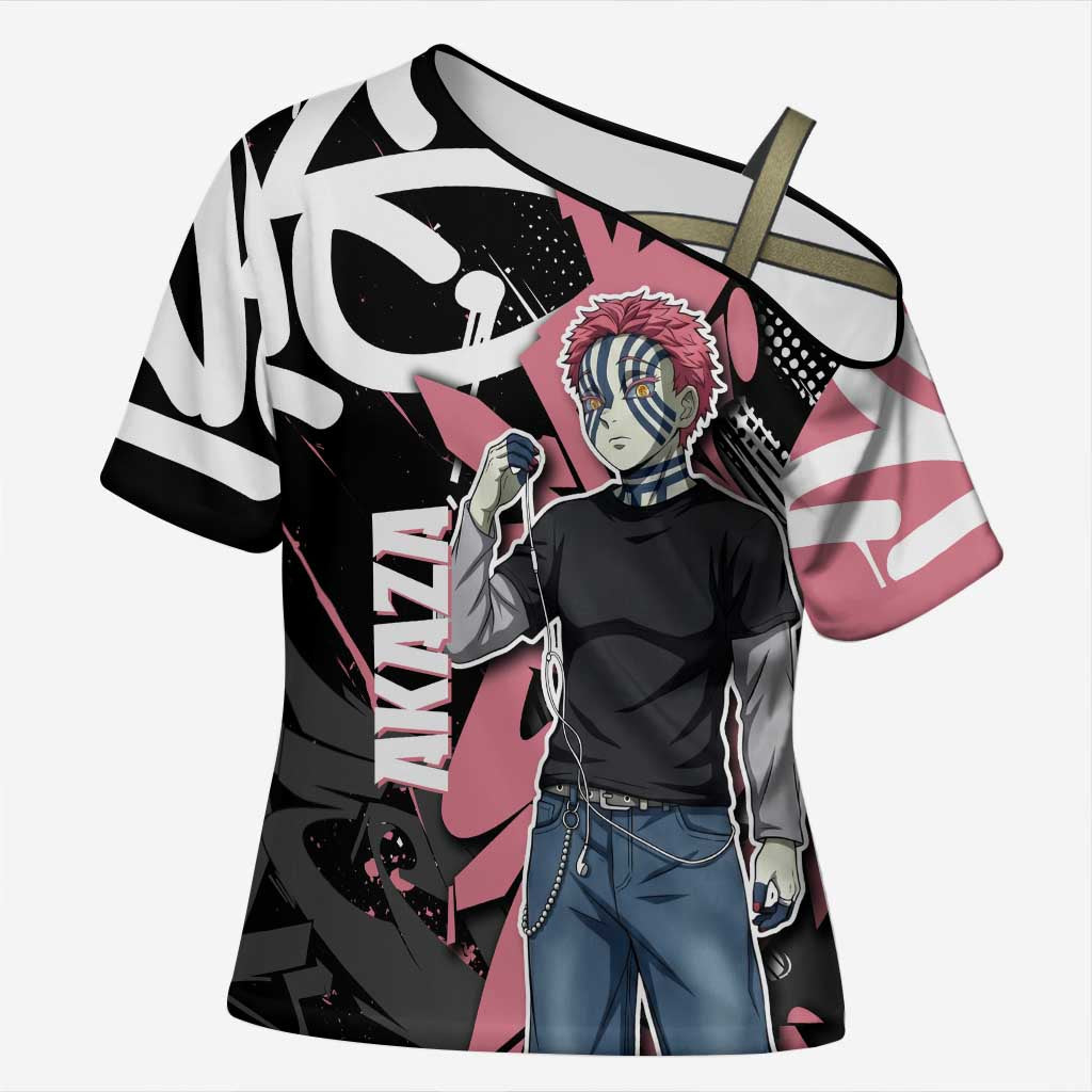 Akaza Demon Slayer Cross Shoulder Shirt Pink & Black Graffiti Anime Graphic