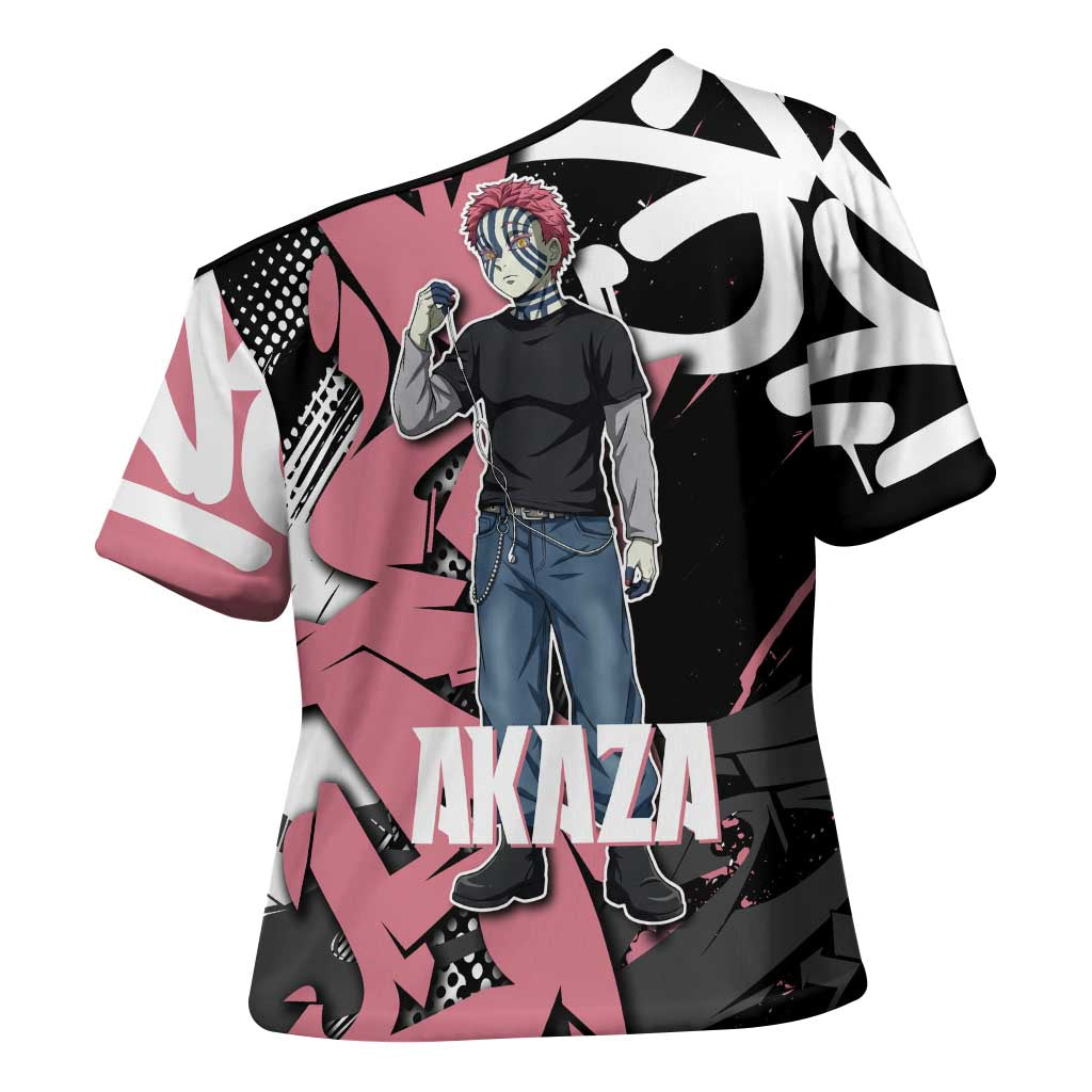 Akaza Demon Slayer Cross Shoulder Shirt Pink & Black Graffiti Anime Graphic